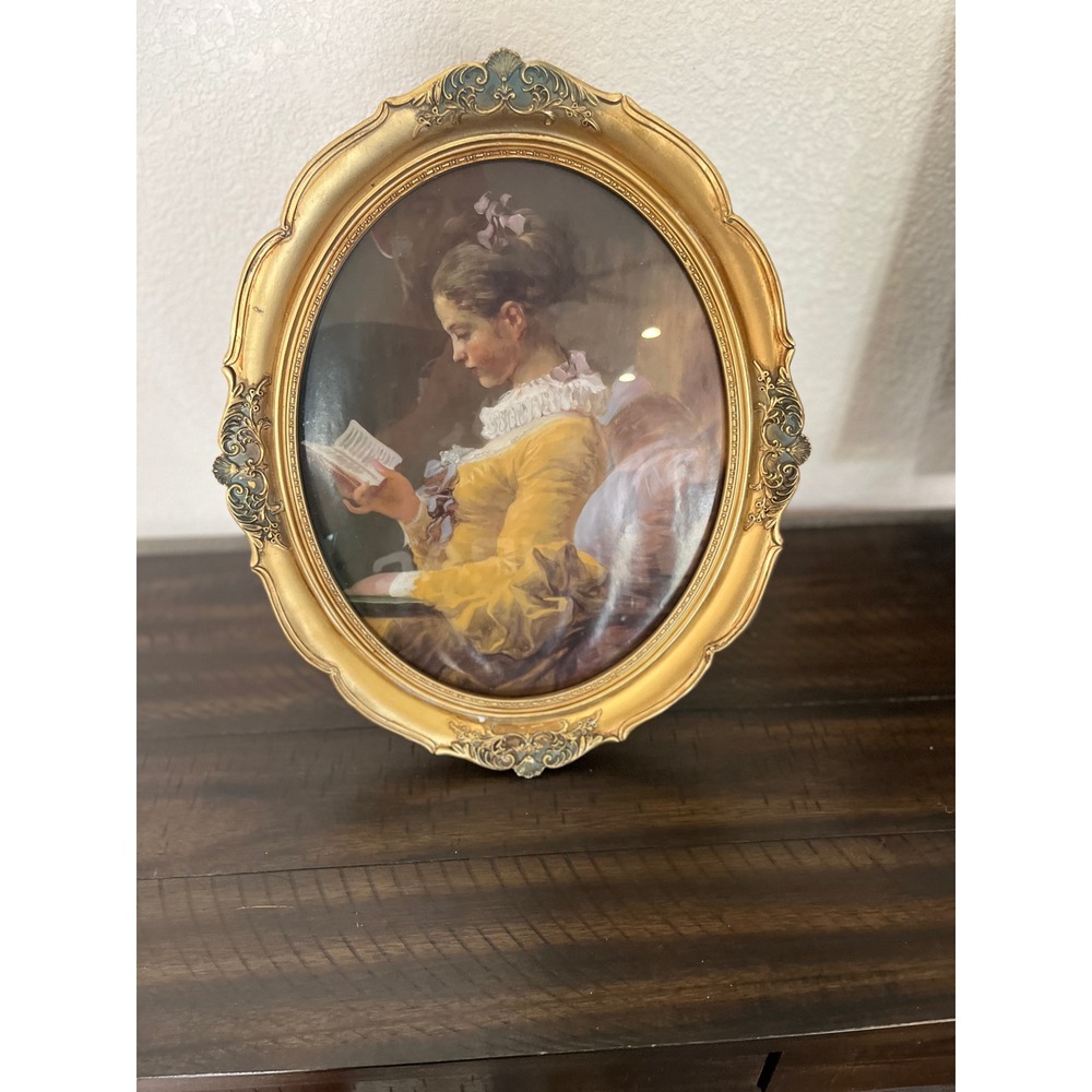 Vintage Gold Oval Ornate Frame Fragonard A Young Girl Reading Art Print Deco